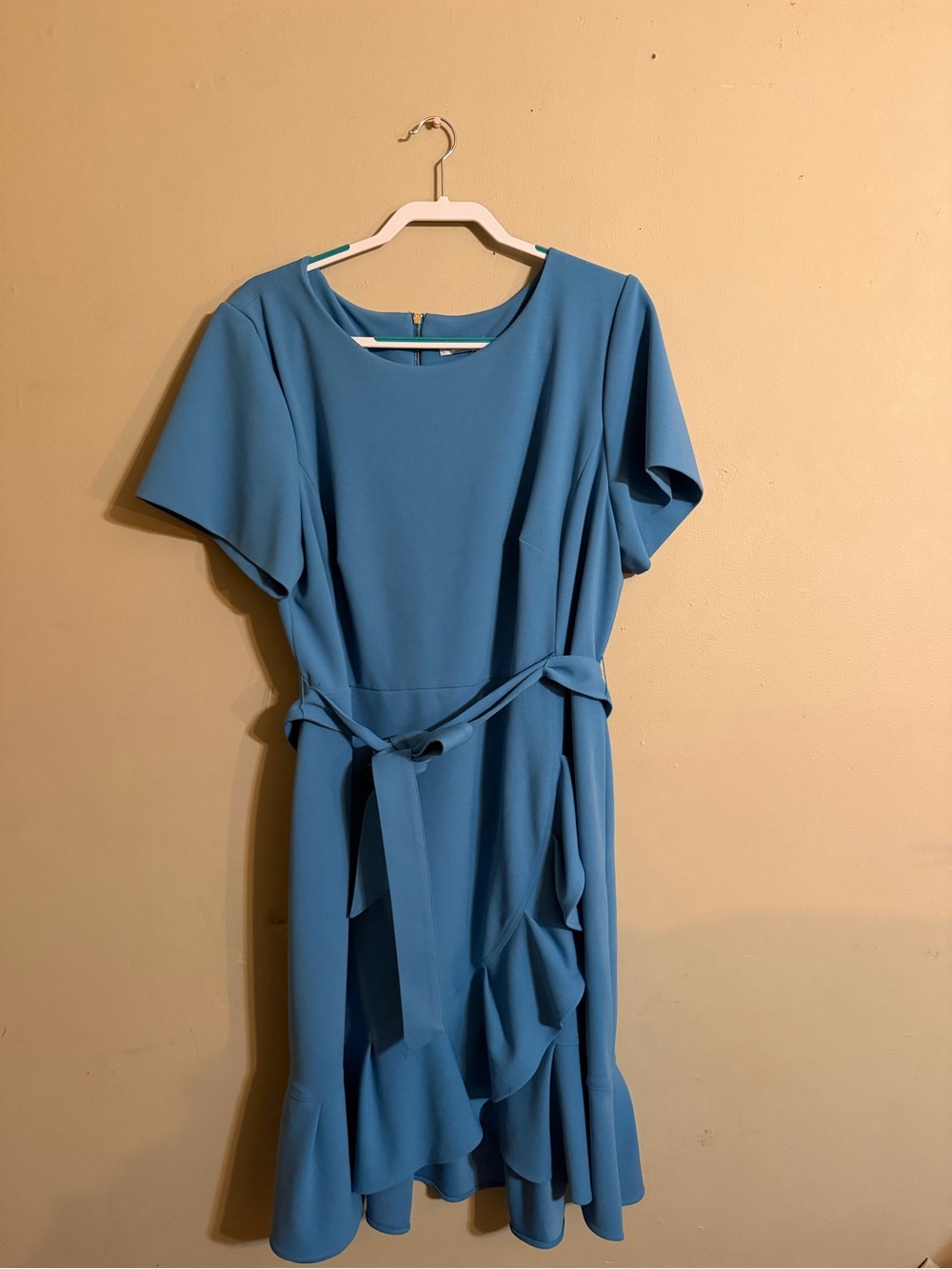 Calvin Klein Elegant Blue Ruffle Belted Women’s Dress